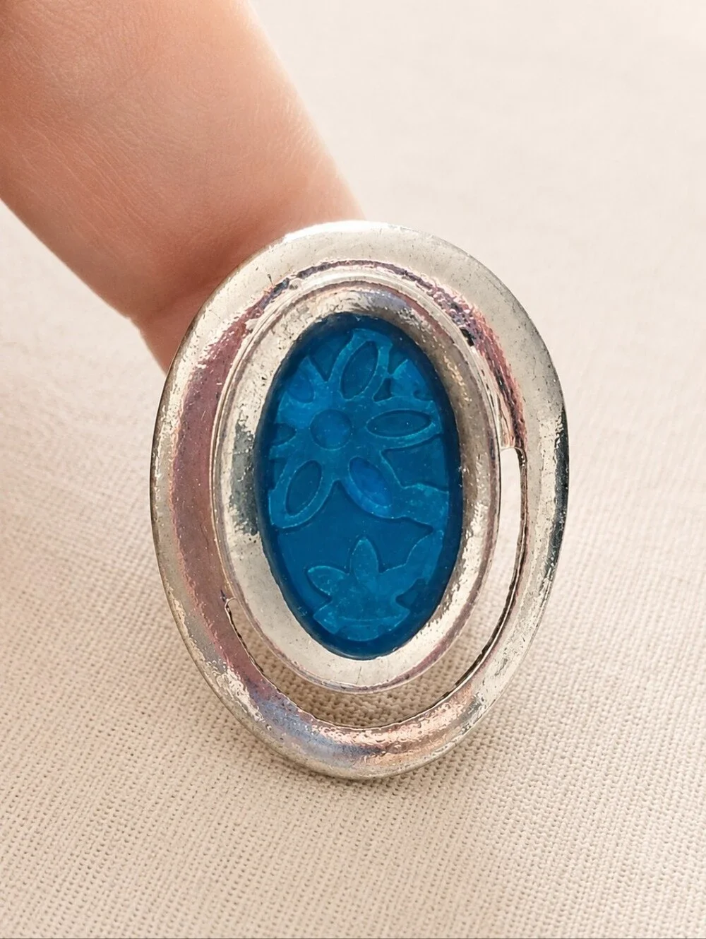 Vintage Turquoise Blue Floral Resin Adjustable Ring Silver Tone Statement